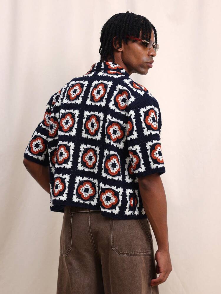 Chemise de vacances à motif géométrique, coupe ample, à manches courtes, avec fermeture éclair, style décontracté tropical pour l'été