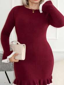 salliqueen 时尚荷叶边下摆女士毛衣连衣裙，适合约会和度假穿着 - 酒紅色 - 查看 3