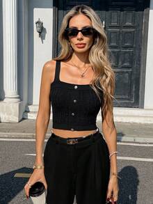 Franclia Áo hai dây ngắn tay dệt kim màu trơn có cúc dành cho nữ - màu đen - Xem 4