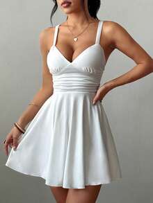 SHEIN PETITE Women's Spring/Summer New V-Neck Knitted Ruched Waist A-Line Sexy Elegant Spaghetti Strap Short Dress - White - View 6