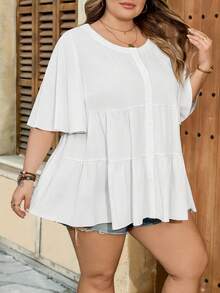 SHEIN CURVE+ Curve 尺码 US22 音乐节、海滨度假、波西米亚风女士白色休闲度假纯棉喇叭袖荷叶边下摆罩衫衬衫 白色上衣 女士加大码服装 - 白色 - 查看 6