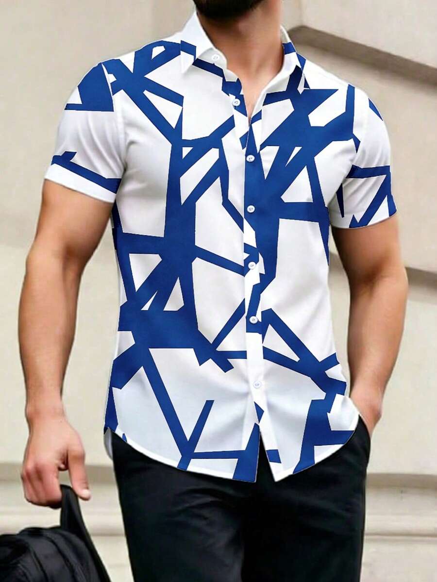 Manfinity Homme 男士几何印花单排扣休闲短袖衬衫 - 寶藍色 - 查看 1