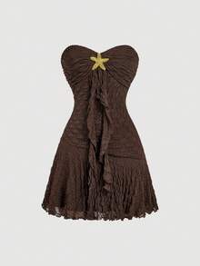 Skyraze Brown Summer Elegant Tight Vacation Holiday Bohemian Strapless Lace Dress,Starfish Detail Flared Hem,Vintage 70s Style Women's Party Beach Wedding - Brown - View 2