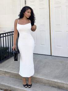 Alexandranx Elegant Romantic Apricot Spaghetti Strap V-Neck Fitted Textured Long Dress, Suitable For Valentine's Day And Wedding Season, Spring/Summer,Bodycon Dress,Boho Clothes Women - White - View 4