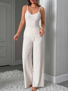 SHEIN Bộ đồ mặc nhà 2 mảnh dành cho nữ, màu mơ, chất liệu cotton dệt kim gân, họa tiết nhiều màu sắc, phối ren tương phản ở cổ, gồm áo không tay và quần dài. Sản phẩm thoải mái, thoáng khí, thích hợp cho mùa hè. - Nhiều màu - Xem 4