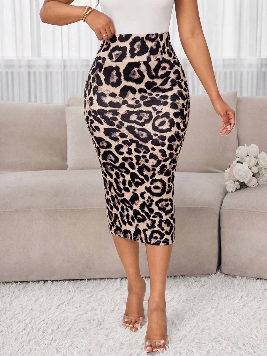 SHEIN Lady 女士豹纹高腰优雅铅笔裙 - 彩色 - 查看 1