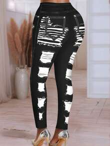 SHEIN LUNE Quần legging bó thời trang cỡ lớn hiệu ứng denim rách - Nhiều màu - Xem 2
