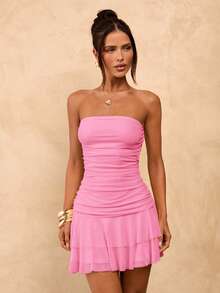 SHEIN BAE Vestido mini con volantes y ajustado de color amarillo crema sólido, vestido de verano lindo, vestido para brunch, vestido amarillo - Rosado Sandía - Ver 3
