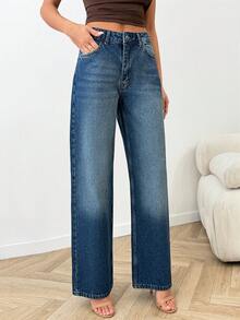 100% Cotton Low Waist Dry Process Wash Detailed Wideleg Jean - Medium Wash - View 6