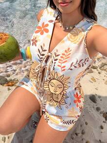 SHEIN EZwear 大尺碼女款白色夏季波西米亞風海灘度假太陽臉印花前綁帶無袖上衣與短褲套裝，夏威夷度假穿搭 2 件式海灘套裝 - 彩色 - 查看 5