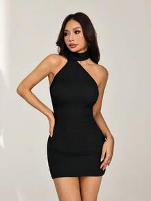 SHEIN PETITE 纯色露背吊带紧身连衣裙 - 黑色 - 查看 8