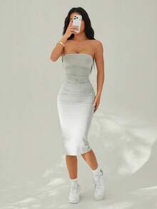 SHEIN PETITE Two Pieces Set Knitted Split Strapless Dress,Summer Dresses For Women - Grey - View 6