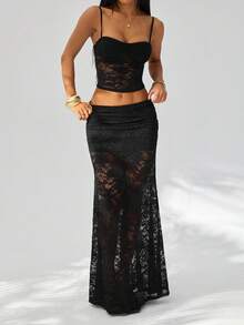 SHEIN PETITE Sexy Solid Black Sheer Lace Camisole Top & Low-Waisted Skirt Two Pieces Set For Spring/Summer, Elegant Skirt, Party Dress, Wedding Guest Attire, Brunch Dress, Spring/Summer Black Lace Skirt. - Black - View 6