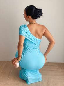 Slaydiva New Early Spring, Spring And Summer Music Festival, Valentine's Day, Easter, Bohemian Style, Nomadic Style, Casual, Simple And Basic, Cruise Party, Birthday Party, Daily Date, Casual Vacation, Elegant Commuting, Off-The-Shoulder, Single-Shoulder, Off-The-Shoulder, Slimming Long Dress, Sky Blue Dress, Gauze Dress, Women's Extra-Long Dress -A - Mint Blue - View 8