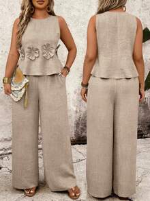 Breezaya 大码圆领无袖露脐碎花上衣和宽松长裤两件套 - 卡其色 - 查看 1