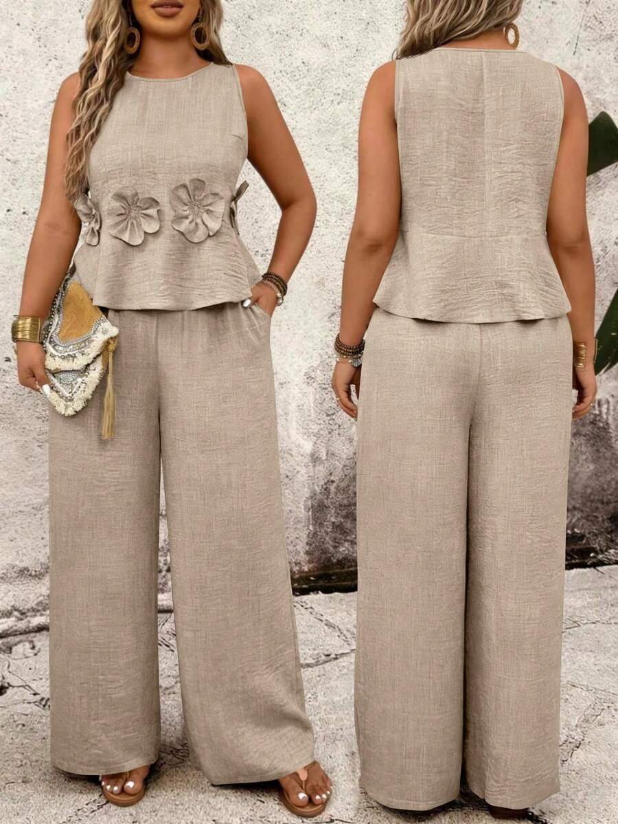 Breezaya Bộ đồ 2 món cỡ lớn: Áo croptop không tay cổ tròn họa tiết hoa và quần ống rộng. - Màu Khaki - Xem 1