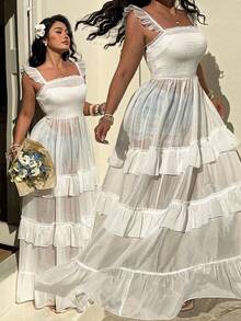 Sunnyshic Plus Size White Sheer Chiffon Beach Vacation Lightweight Long Dress With Flutter Sleeves, Summer Long Vacation Dress Tiered Dress Long Dress Summer Organza Dress Transparent Dress - White - View 1