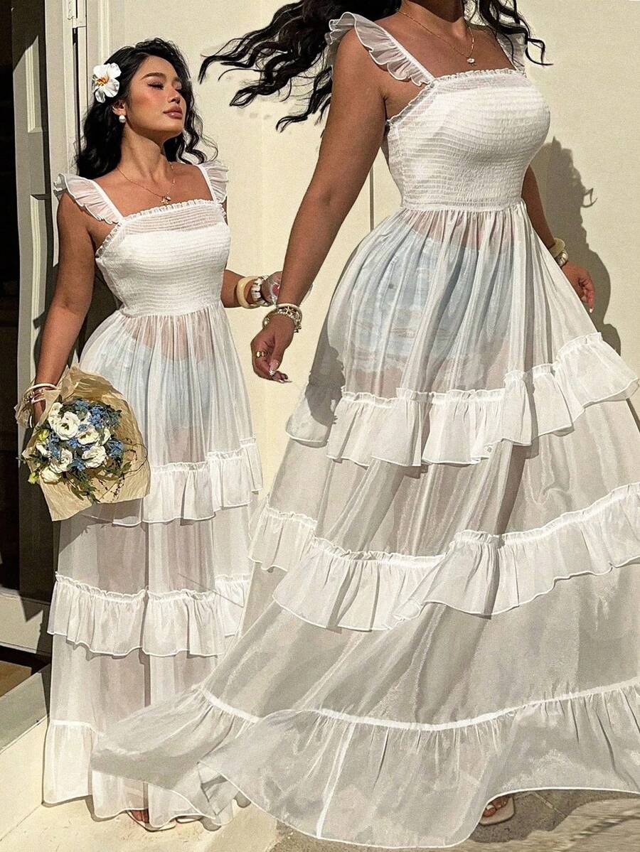 Sunnyshic Plus Size White Sheer Chiffon Beach Vacation Lightweight Long Dress With Flutter Sleeves, Summer Long Vacation Dress Tiered Dress Long Dress Summer Organza Dress Transparent Dress - White - View 1