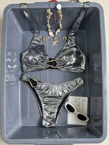 Swim Chiccia 女士两件式纯色金属光泽面料装饰比基尼套装，适合海滩、度假、休闲派对等场合 - 銀色 - 查看 5