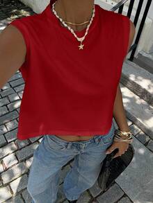 SHEIN Essnce Summer Casual Solid Color Wide Strap Cropped Tank Top - Red - View 3