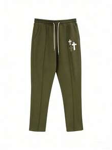 Manfinity Roghcode Pantalones de chándal con cordón en la cintura y estampado de cruz para hombre - Verde militar - Ver 5
