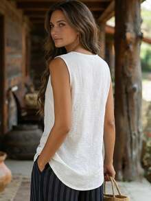 Balvessa White Linen-Like Knotted Asymmetric Casual Vacation Shirt For Women - White - View 2