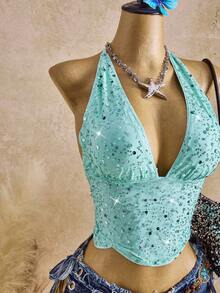 Femesol 女士性感绿色串珠露背V领吊带背心，适合海滩、度假、街头穿着，春夏皆宜 - 綠色 - 查看 3