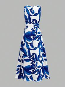 Ellevyn 女士优雅树叶印花无袖连衣裙，适合夏季度假 - 藍白色 - 查看 2