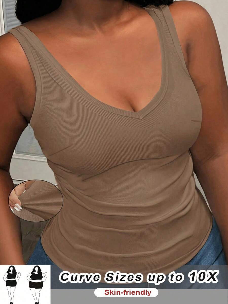 SHEIN CURVE+ 大码女式休闲百搭露背无袖深V领罗纹针织吊带背心，白色