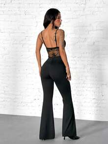 StreetHx Women's Sexy Street Lace Sheer Fitted Flare Jumpsuit - Black - View 2