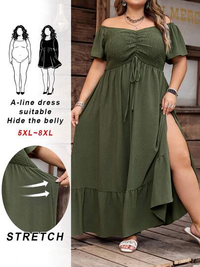 SHEIN CURVE+ Plus Size Casual Green A Line Long Dress For Women With Sweetheart Neckline And Short Puff Sleeves Split Thigh Design In Woven Fabric