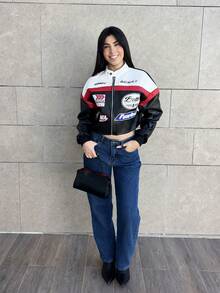 Hitanina Women's Letter Pattern Color Block Short PU Leather Jacket, Motorcycle/Racing/Pilot Jacket, Versatile Outerwear For Autumn/Winter,Fall,Fall Clothes For Women - Black - View 2