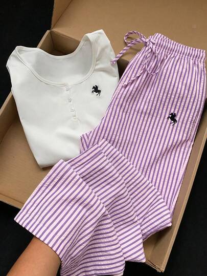 Comfortcana مجموعة ملابس علوية مطرزة وبنطلون مخطط 2 قطعة للنساء، بلون بنفسجي، مناسبة للشاطئ والعطلات مثل والسنة الجديدة والكريسماس وغيرها من المناسبات