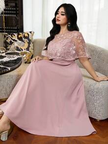 Modelyn Đầm dự tiệc cỡ lớn dành cho nữ, thêu hoa, cổ tròn, eo thắt. - Màu Hồng  San hô - Xem 8