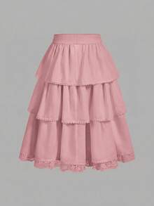 SHEIN Tween Girls' Summer Versatile Pink Ruffle Elastic Waist Skater Skirt - Baby Pink - View 3