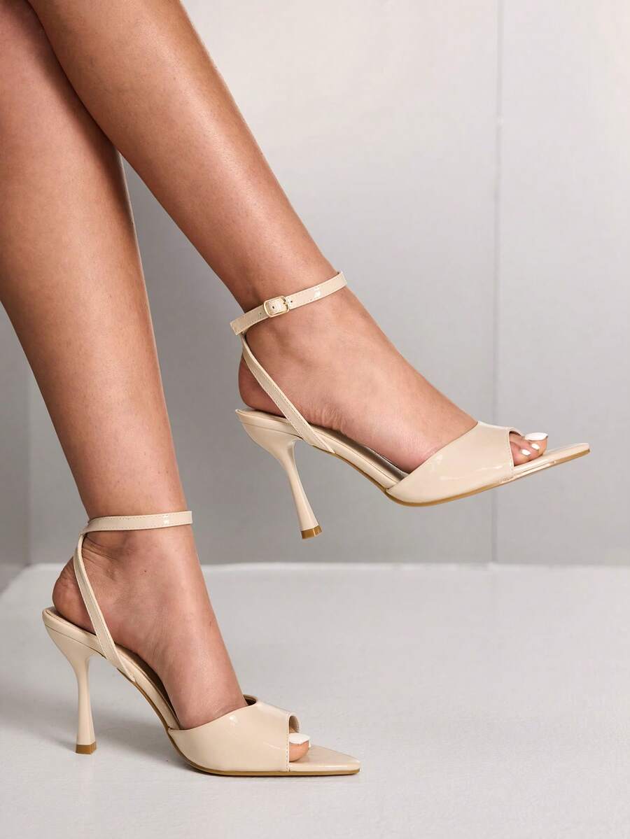 CUCCOO SZL Sandalias de mujer con punta puntiaguda, tacón alto y fino, color albaricoque, con tiras en el tobillo y puntera abierta, estilo minimalista, para ir al trabajo y fiestas. - Albaricoque - Ver 1