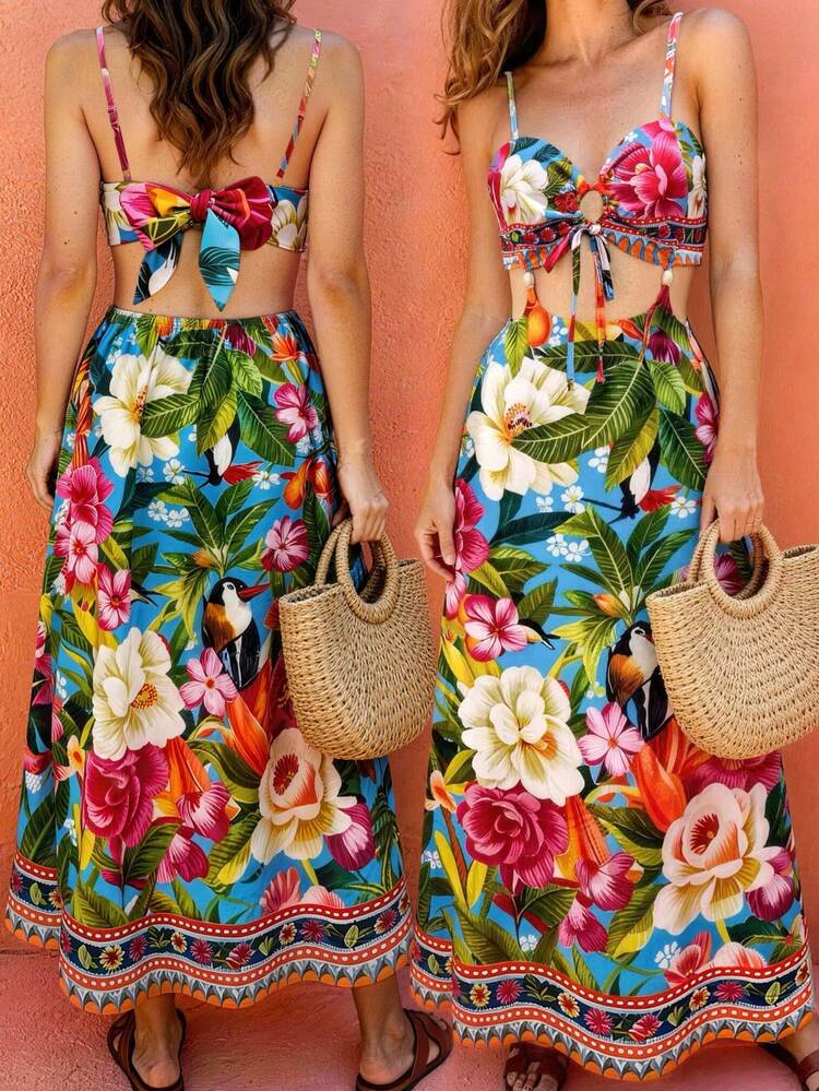 cutout casual dress Silhoulove Women's Vacation Style Tropical Plant Print Waist Camisole Rick Owens Rick owens Casual Wear Queen of Hearts Print Color:Black/Multi Sleeveless dresses