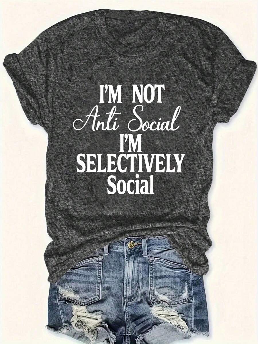 SHEIN LUNE 女士休闲标语字母图案夏季圆领T恤，图案T恤，女士上衣，穿着舒适 - 深灰色 - 查看 1