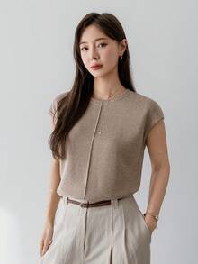 Dazy Tall Áo vest nữ dáng dài, cổ tròn, tay ngắn, chất liệu dệt kim gân, thiết kế xẻ tà thanh lịch. - Màu Khaki - Xem 6