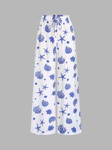 SHEIN Sweetro Quần ống rộng dáng suông màu nâu in hình vỏ sò và sao biển, thoải mái, đa năng dành cho nữ, thích hợp cho mùa xuân/hè, trang phục đi nghỉ mát, trang phục đi biển cho nữ, quần in hình sao biển, quần áo in hình vỏ sò. - Xanh và trắng - Xem 5