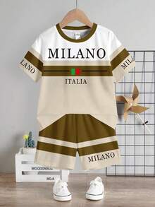 SHEIN Young Boy Casual Simple T-Shirt Set, Classic Italian Milan Text Graphic Print, Striped Pattern Print - Multicolor - View 2