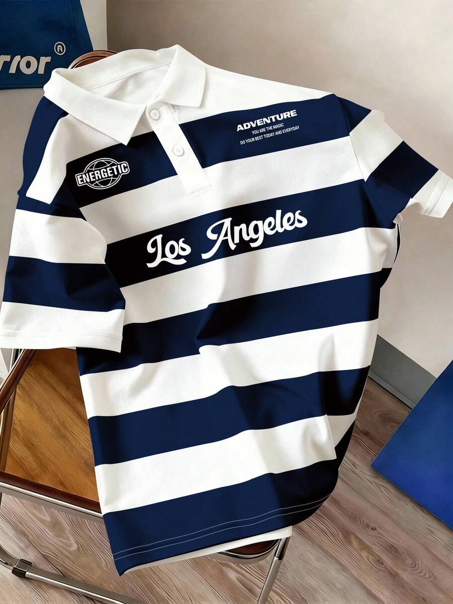 Claim Dot Men's Simple Blue And White Striped College Letter Polo Shirt, Suitable For School, Outings, And Friend Gifts - Blue - View 1