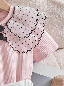 2pcs/Set Young Girls Cute Sweet Polka Dot Ruffle Collar T-Shirt And Elastic Waist 3D Bow Skort, Casual & Fashionable Summer Outfit For Little Girls - Pink - View 9