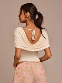COSMINA Women's Elegant Sexy Daily Draped Neck Short Sleeve Top, White Blouse, Soft Knit Fabric, Slim Fit, Romantic Graceful Golf - Beige - View 2