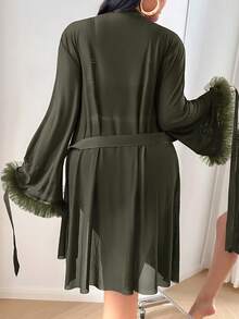 Slumberist 3pcs Set: Lace Trim Camisole Shorts + Floral Lace Trim Loose Robe, Plus Size - Army Green - View 2