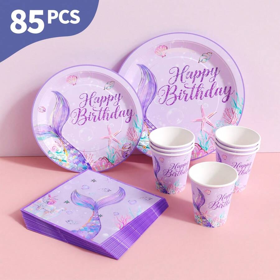 紫色美人鱼尾巴生日快乐一次性餐盘、餐巾纸和杯子套装，可供20位客人使用。这款一次性派对用品套装（包括餐盘、餐巾纸和杯子）非常适合生日派对、婚礼和家庭野餐。 - 查看 1