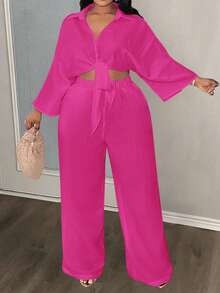 Slaydiva Bộ đồ mùa hè dành cho nữ cỡ lớn, kiểu dáng thường ngày, gợi cảm, tối giản, gồm áo tay lỡ thắt nơ và quần ống đứng. - Màu Hồng Tươi - Xem 3