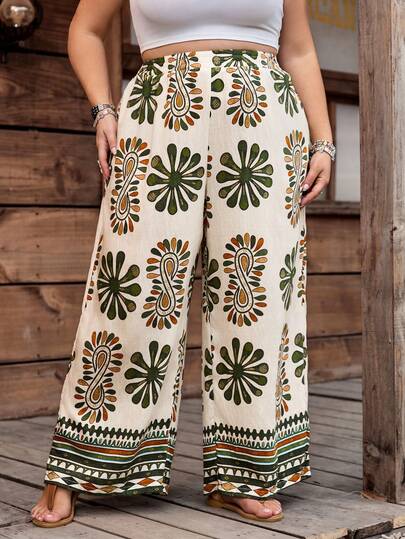 SHEIN CURVE+ Plus Size Women's Fully Printed Flared Pants, Loose Casual Versatile Pants, Bohemian Style Clothing
