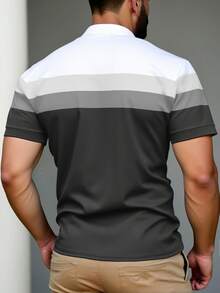 Manfinity Homme Áo polo nam cỡ lớn in hình hiệp sĩ, tay ngắn, kẻ sọc, kiểu dáng thường ngày. - Màu xám đen - Xem 2