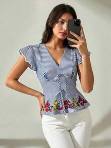 Chiquease Chic Blue And White Striped V Neck Top For Women With Ruffle Cap Sleeve And Floral Plant Pattern - Blue and White - View 1